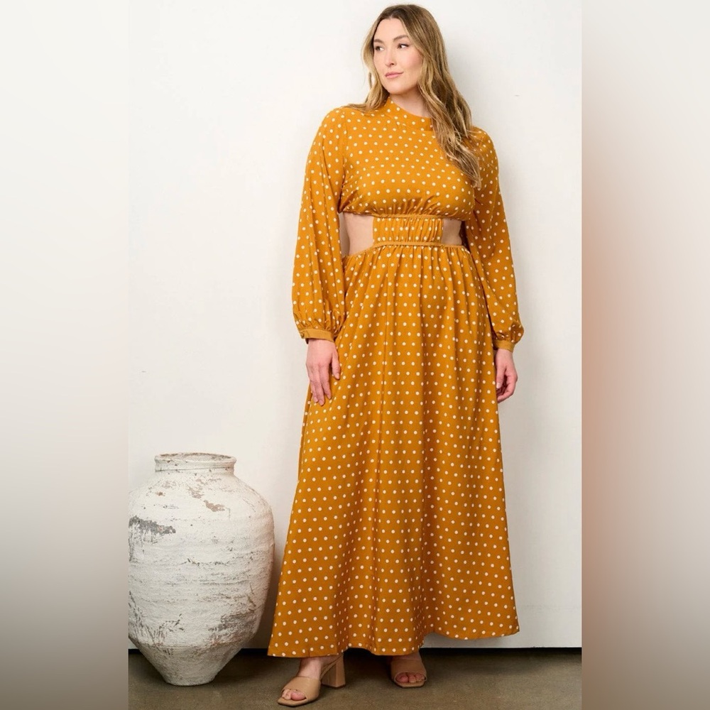 PLUS SIZE ONE LONG SLEEVE CUT OUT POLKA DOTS MAXI DRESS